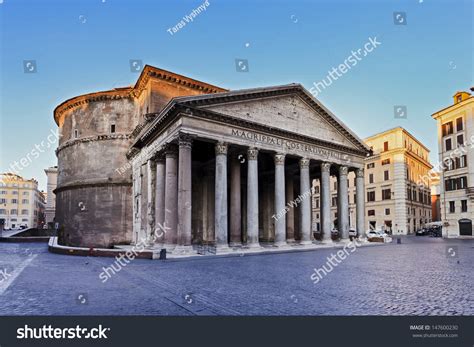 Italy Rome Ancient Pantheon Monument Facade View At Sunrise With