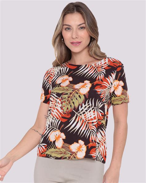 Blusa Viscose Manga Curta Estampada Preta