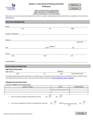 Fillable Online Snhp Gsu APPLICATION FOR ADMISSION BIS IN HEALTH