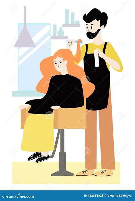 Vector Flat Illustration With Woman And Her Hair Stylist Hairdresser In Beauty Salon Stock