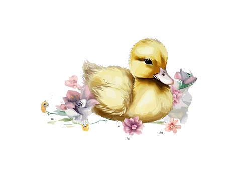 Watercolor Cute Baby Duck With Flowers Graphic By Phoenixvectorarts