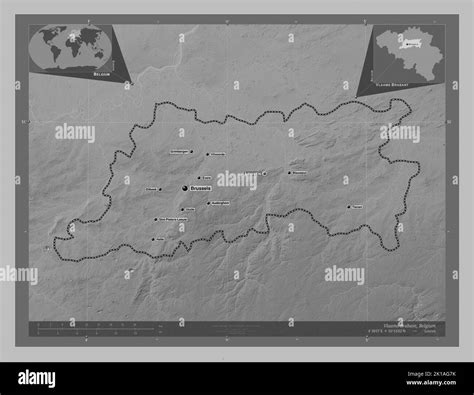 Vlaams Brabant, province of Belgium. Grayscale elevation map with lakes ...