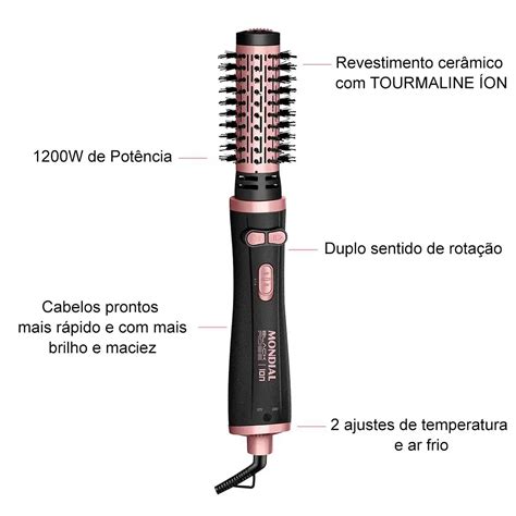 Escova Rotativa Mondial 1200w Black Rose Bivolt Erb 01 Seca E Modela