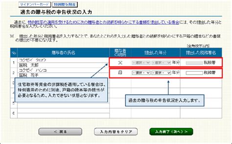 【確定申告書等作成コーナー】 「過去の贈与税の申告状況の入力」画面について