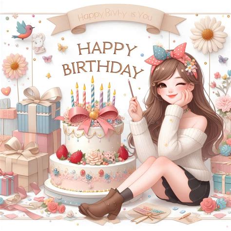 Happy Birthday Card Design with a Girl Character, Cake, and Present. AI ...