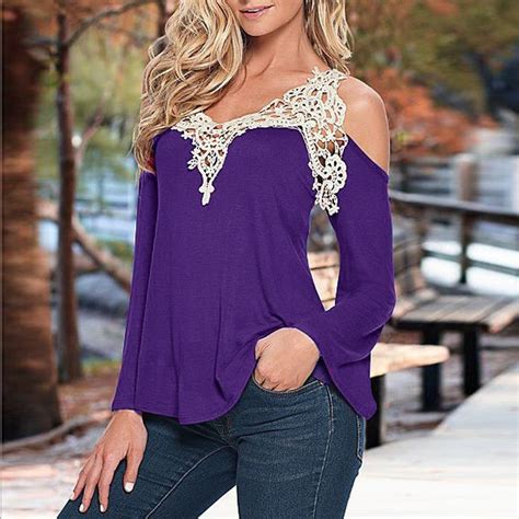 Sexy V Neck Long Sleeves Lace Patchwork Off Shoulder Blouse May Your