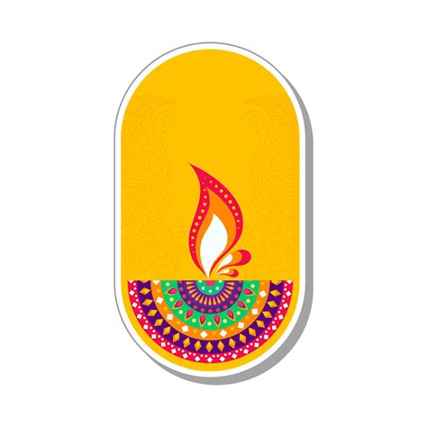 Sticker Style Colorful Floral Diya Burning On Oval Yellow Background ...