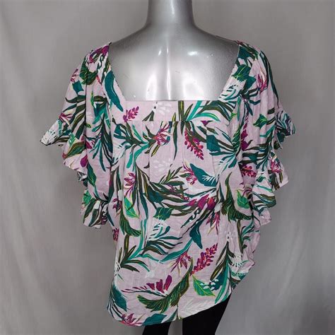 Terra Sky Top Women 2x Purple Green Floral Tropical Square Neck Ruffle