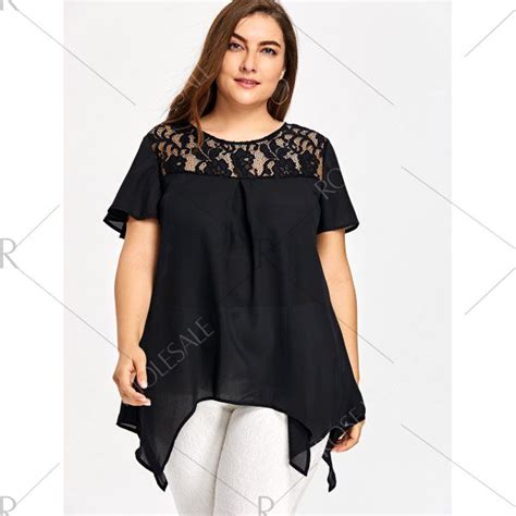 Plus Size Lace Trim Handkerchief Blouse Black Xl Mobile