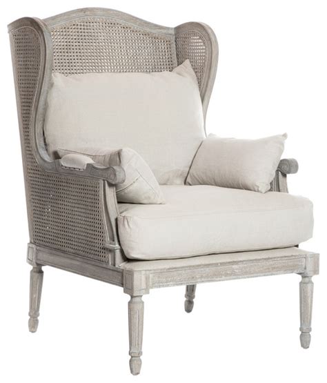 French Country Washed Hemp Caned Back Wing Chair Transitional