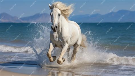 Premium AI Image | White Horse Running On The Beach