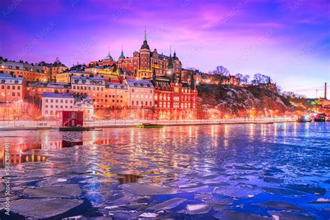 Stockholm Sweden Night Scenic Mariaberget Downtown And Frozen Lake