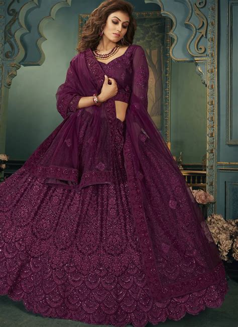 Dark Wine Thread Embroidery Net Semi Stitched Lehenga Khushi Creation