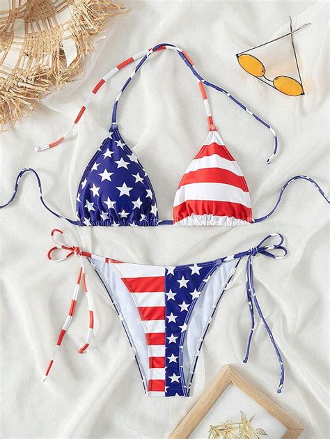 SHEIN Swim Conjunto De Bikini Con Estampado De La Bandera