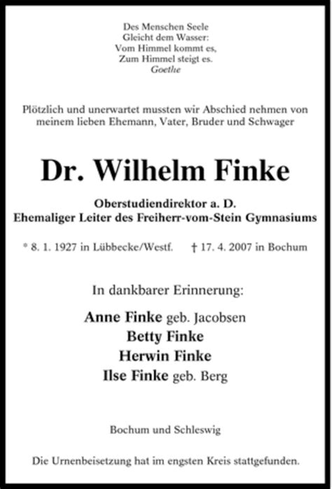 Traueranzeigen Von Wilhelm Finke Trauer In NRW De