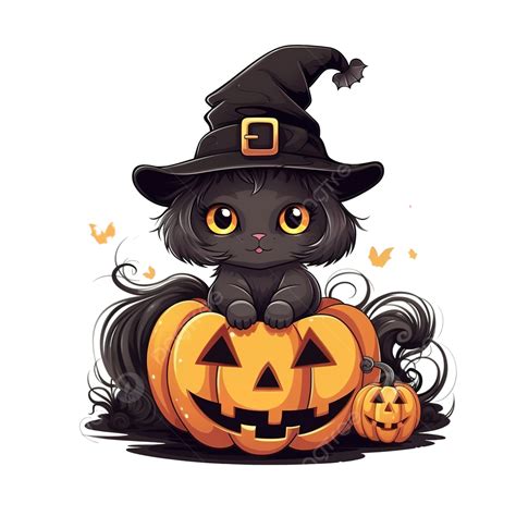 手描き漫画かわいいハロウィーンの魔女黒猫大きなカボチャのベクトルの中にイラスト素材透過、pngフリー画像ダウンロード Pngtree