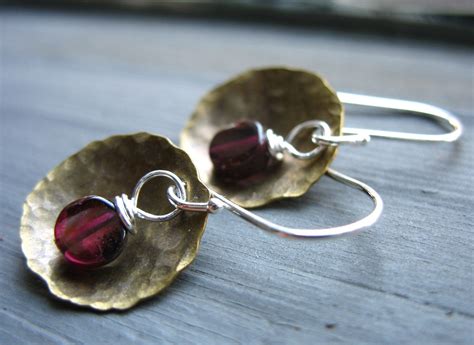 Garnet Earrings Garnet Stone Hammered Brass Dome Earrings - Etsy