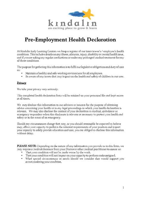 Pre Employment Health Declaration Nov Kindalin An Exciting Place