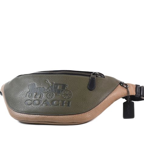 Coach 男款 拚色荔枝紋壓印馬車logo拉鍊腰包 綠米 腰包 Yahoo奇摩購物中心