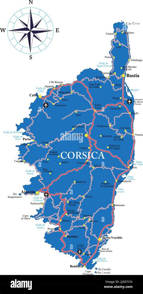 Carte vectorielle très détaillée de la Corse avec les principales