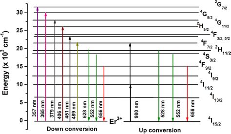 Energy level diagram of Er³ ion showing its transitions in down and