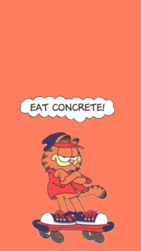 a cartoon cat riding a skateboard with the words eat concrete on it's face