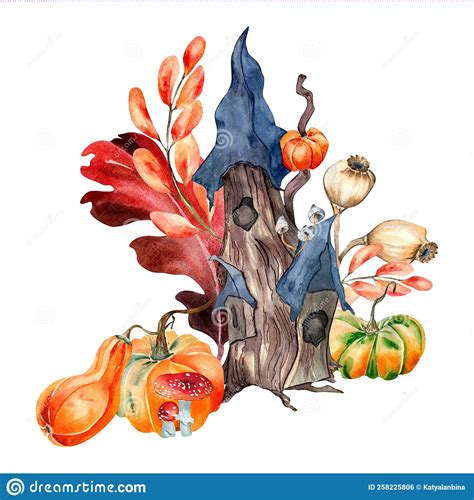 Colorful Halloween Composition Of Cute House Watercolor Illustration Isolated On White Stock