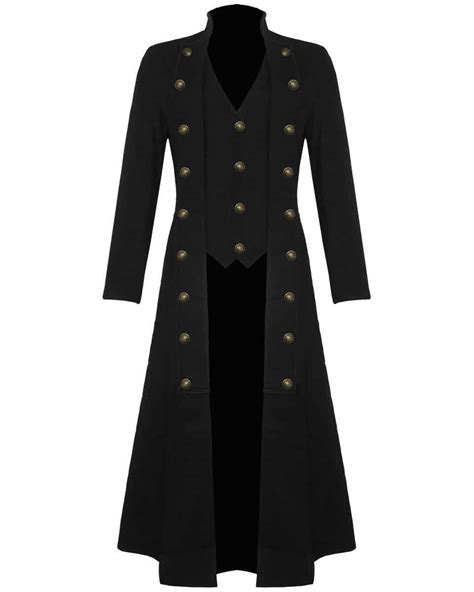 Black Steampunk Military Trench Coat Long Jacket Gothic Kilt And Jacks