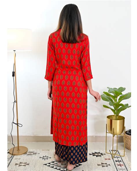 Red And Blue Printed Kurta With Palazzo Set Of Two By Half Full Half