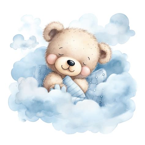 Cute Baby Teddy Bear Sleeping On The Cloud Illustration Generative Ai