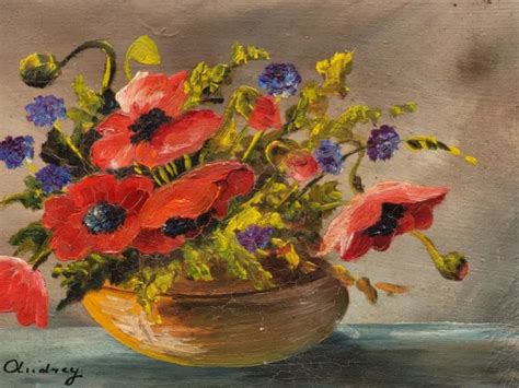 TABLEAU ANCIEN SIGNÉE Bouquet de Fleurs dans un Vase Peinture huile sur