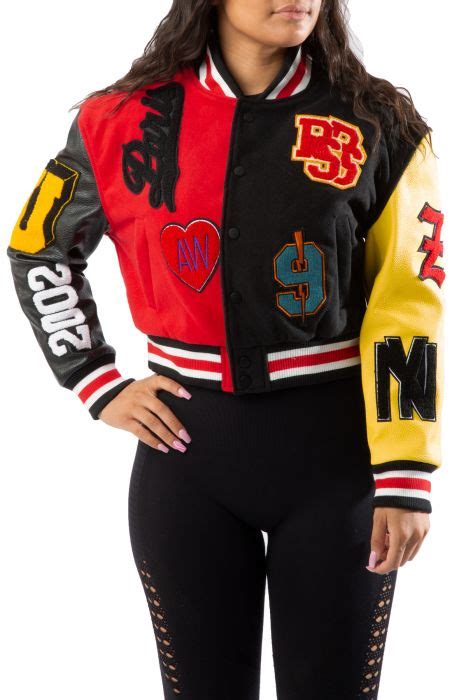 Azalea Wang Patchwork Varsity Crop Jacket Ruela Red Mul Karmaloop