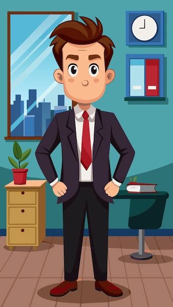 A Cartoon Of A Man In A Suit And Tie Standing In A Room With A Plant On The Wall Premium Ai