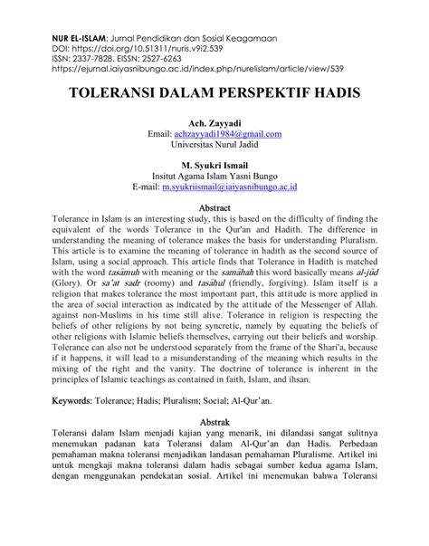 Pdf Toleransi Dalam Perspektif Hadis