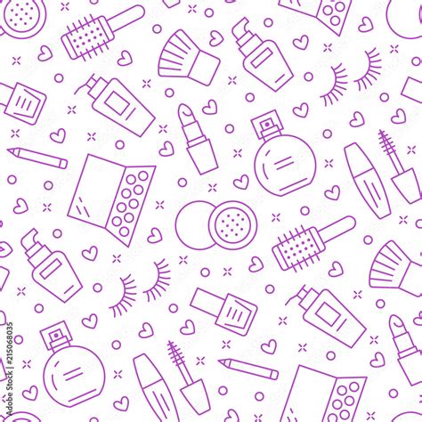 Makeup Beauty Care Purple Seamless Pattern With Flat Line Icons