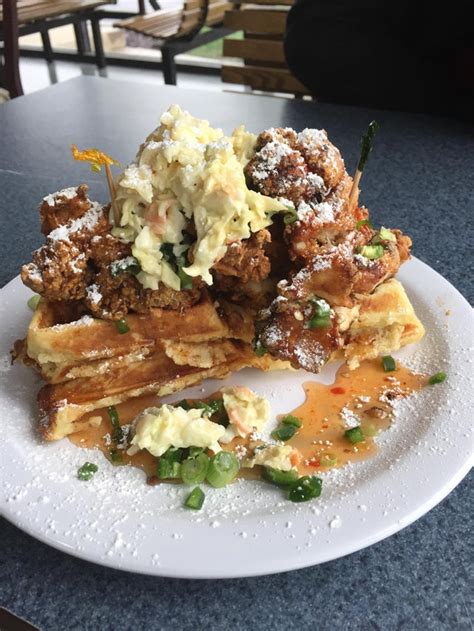 Buttermilk Fried Chicken And Waffles With Chili Honey Cider Slaw And Jalapeño Maple Syrup [oc