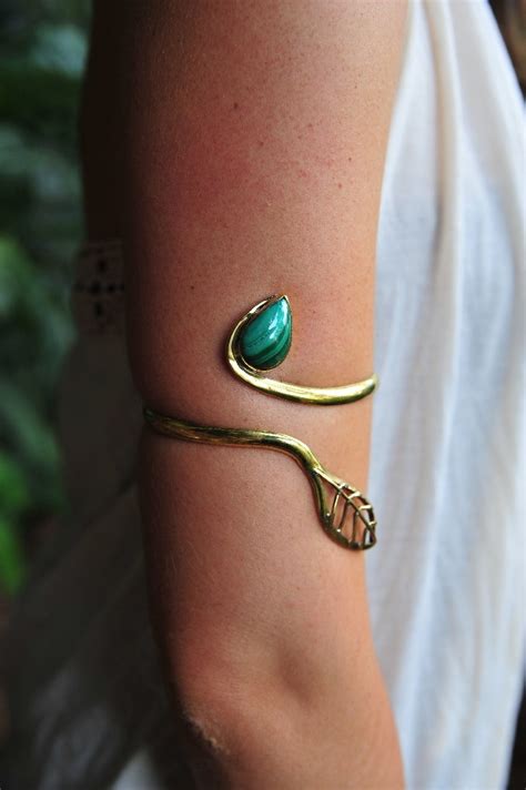 Fairy Elven Fairy Leaf Goddess Brass Malachite Stone Upper Arm Etsy Upper Arm Cuff Bracelet