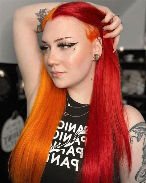 Red And Orange Split Dye Hair Split Dyed Hair Hair Color Orange