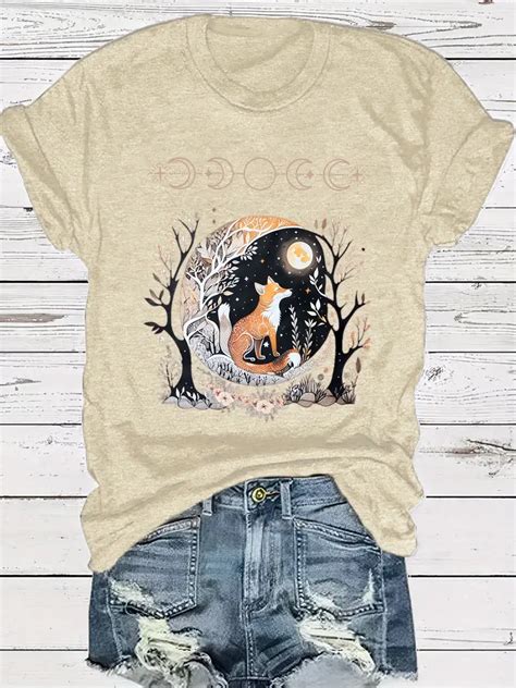 Moon Fox Print Crew Neck T Shirt Casual Short Sleeve T Shirt Temu