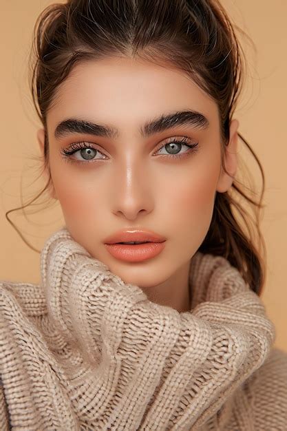 Beautiful Cute Brunette Model In Casual Beige Warm Sweater Premium AI Generated Image