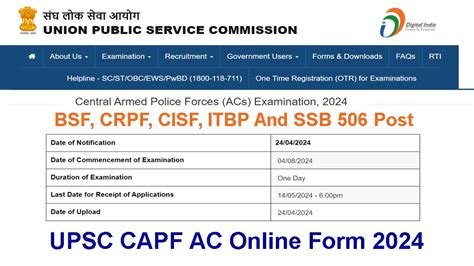 UPSC CAPF AC Recruitment 2024 Notification 506 Post Central Armed