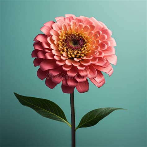 Lifelike Zinnia Pink Flower On Turquoise Green Background Stock