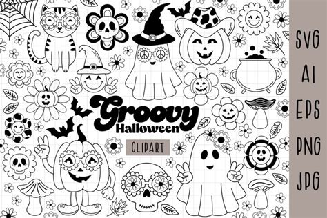 Groovy retro Halloween, Black and white, Fall Clipart, Ghost