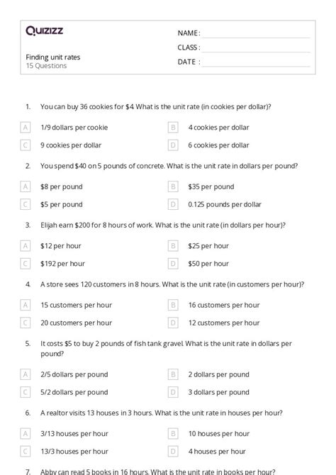 Unit Rates Worksheets On Quizizz Free Printable