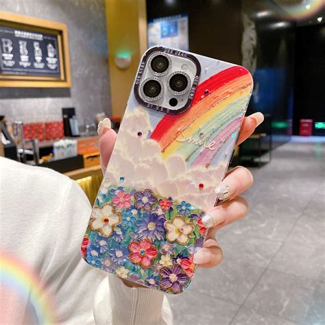 Estojo De Luxo Para Telefone Brilho Flores De Arco Íris iPhone 15