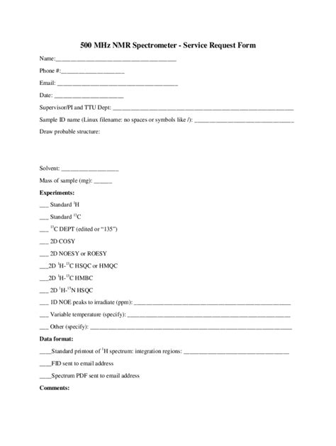 Fillable Online 500 MHz NMR Spectrometer Service Request Form Fax