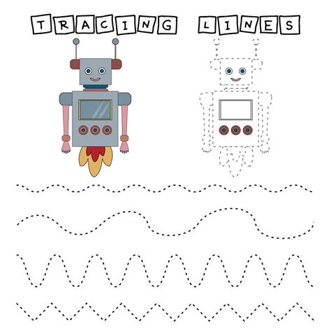 Tracing Lines Game With Funny Robots Worksheet For Preschool Kids