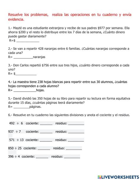 Problemas de división online worksheet for Cuarto grado Problemas de