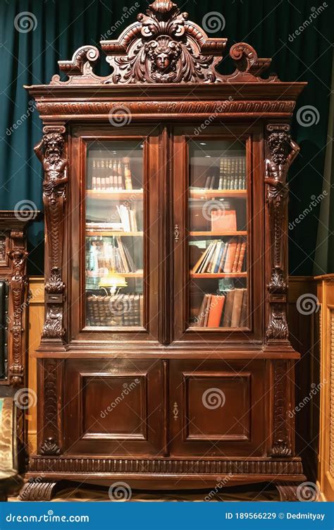 Old Antique Vintage Wooden Bookcase With Books Stock Image Image Of