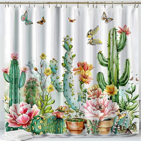 Boho Cactus And Flowers Shower Curtain With Butterflies White